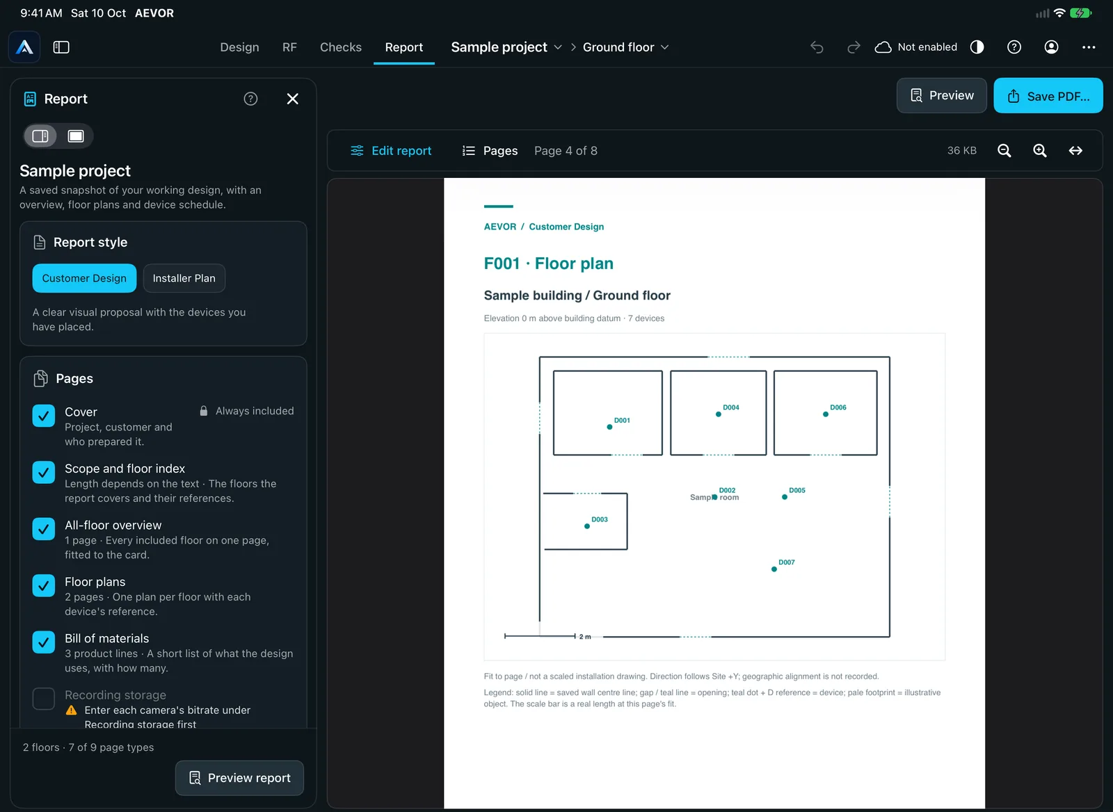 The report screen in AEVOR for a sample project: a list of pages to include on the left and a preview of the floor plan page, with its sample devices marked, on the right.